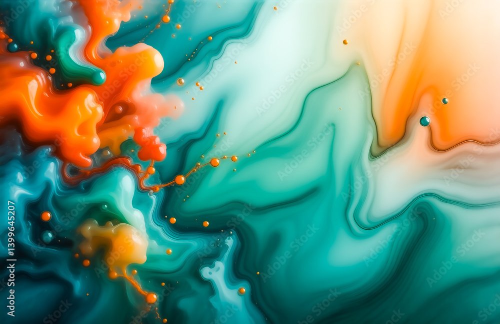 Leinwandbilder abstract swirls of teal, orange, and cream paint blend and mix, creating a vibrant, fluid design wit