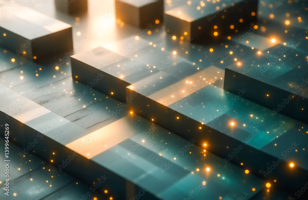 Poster Abstract image of a complex, three-dimensional structure composed of teal and gold geometric blocks, illuminated by glowing particles.  The scene evokes a sense of depth and intricate design.