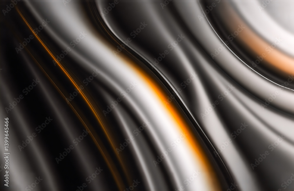 Poster fluid, metallic-like curves in shades of grey, white, and orange. the image evokes a sense of moveme