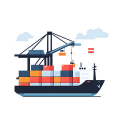 A vibrant illustration of a cargo ship loaded with colorful containers, accompanied by a crane for loading and unloading.
