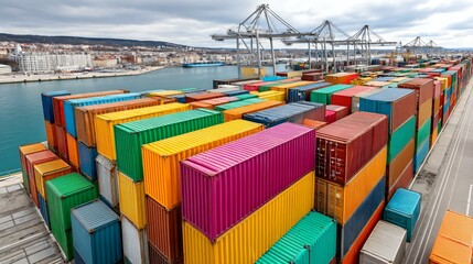 Fototapeta premium Close-up of cargo ship deck with colorful box containers stacked high, industrial cranes in background at port