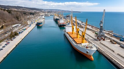 Daytime wide-angle shot of a busy international harbor with cargo ships docked at container port, logistics system in operation