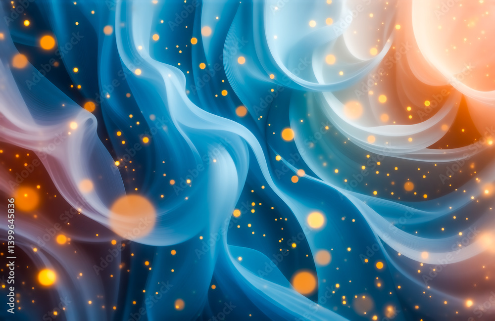 Poster abstract image of flowing, translucent fabric in teal, orange, and white hues. glimmering gold parti