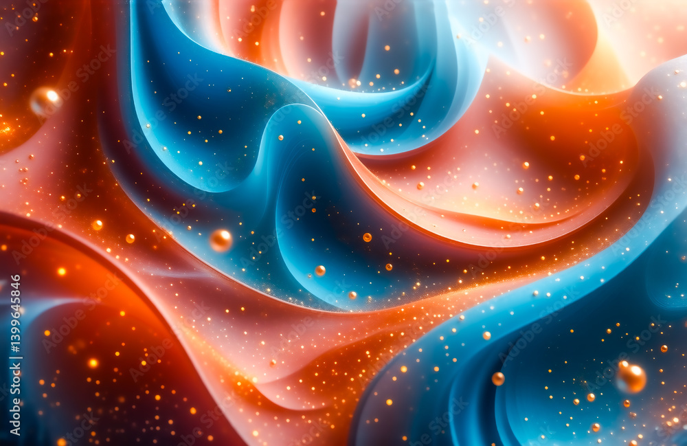 Poster swirling, translucent blue and orange abstract forms intermingle, speckled with golden spheres. the 