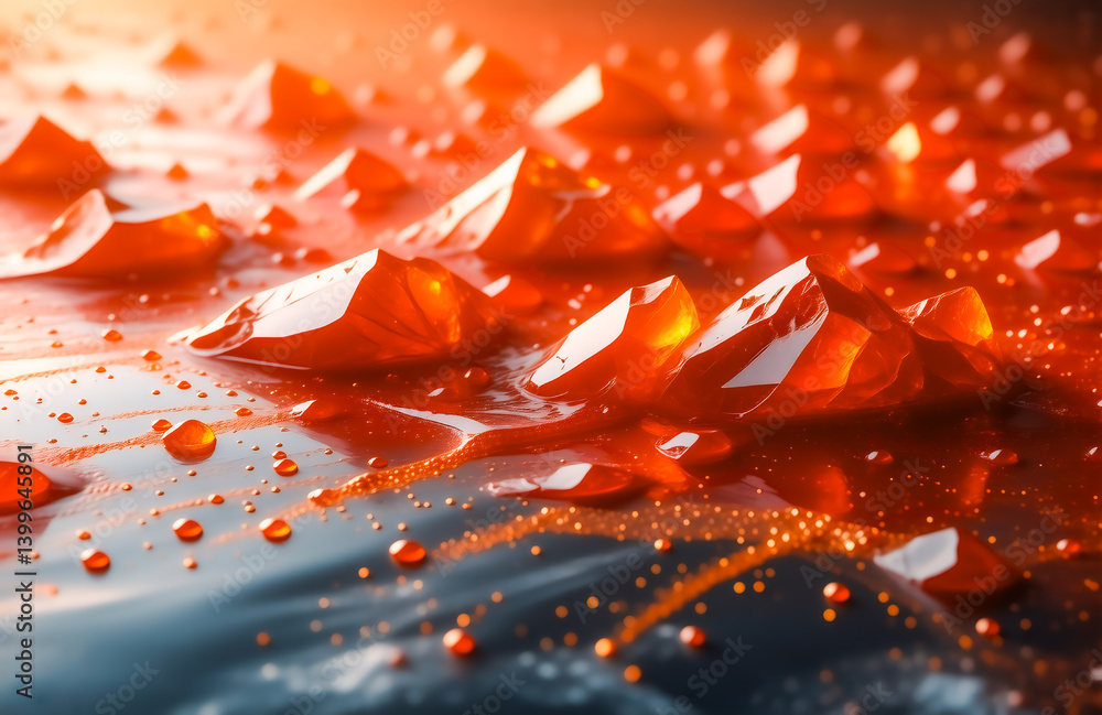 Poster close-up of vibrant red, translucent crystals scattered on a dark, glossy surface, illuminated by a 