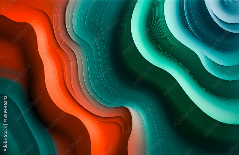 Poster Abstract artwork featuring swirling, vibrant hues of teal, green, and orange.  The fluid forms create a dynamic, three-dimensional effect.  The image evokes a sense of movement and energy.