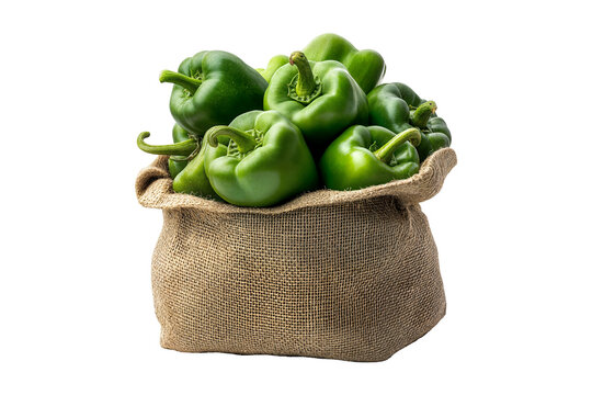 A burlap sack filled with fresh green bell peppers isolated on transparent background