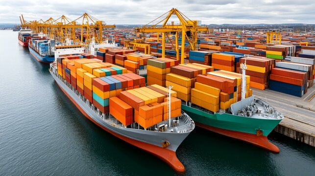 Vibrant day scene of cargo ships at port with stacked containers and automated cranes working efficiently, suitable for maritime logistics content