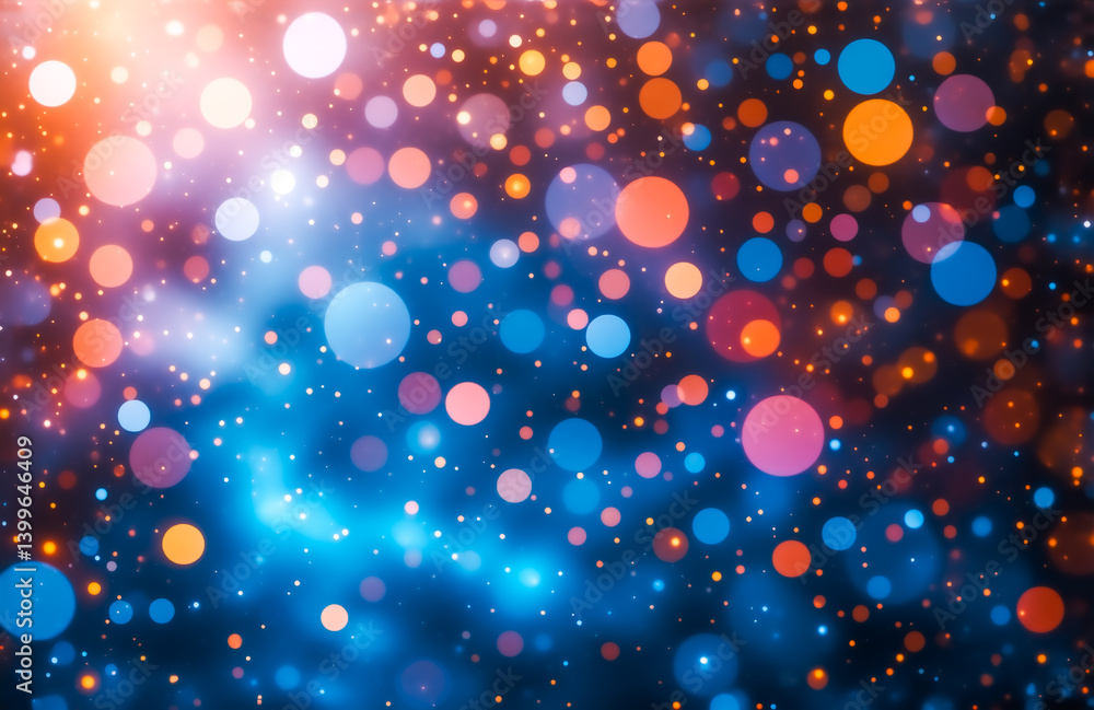 Fototapete A vibrant, abstract image featuring a multicolored bokeh effect.  Warm and cool tones blend, creating a dynamic and festive atmosphere.  The background is dark, allowing the lights to pop.