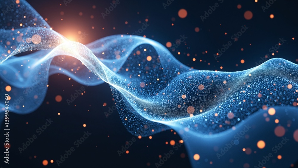 Leinwandbilder Imitation an abstract wave on dark background. Network Design with Particle. Big data. Abstract bright shine in black space. 3D rendering