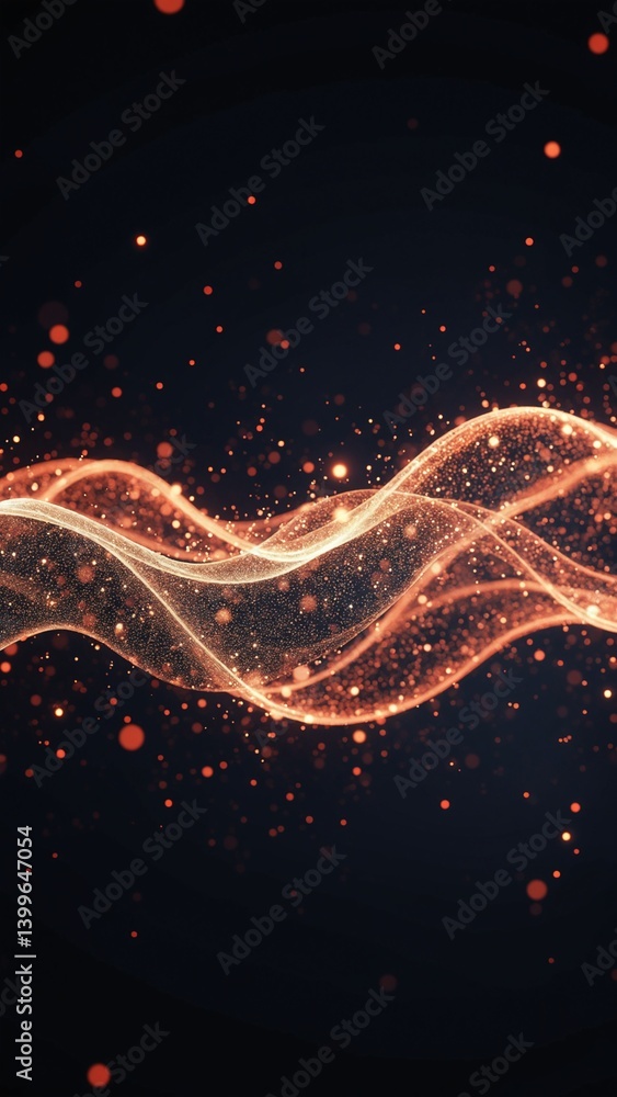Fototapete Imitation an abstract wave on dark background. Network Design with Particle. Big data. Abstract bright shine in black space. 3D rendering