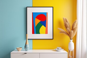 Minimalist interior detail featuring a framed abstract painting with bold red, blue, yellow, and green shapes on a two-toned yellow and light blue wall above a white sideboard