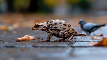 A frog in a trench coat conducting a secret investigation on pigeons