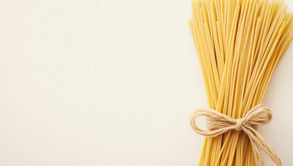 Uncooked spaghetti is tied with a ribbon on a white background, creating a simple yet elegant culinary scene