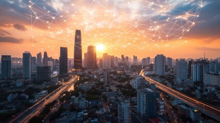 Fototapeta premium A futuristic city skyline symbolizing economic growth, bustling with trade and innovation, --ar 16:9 --v 6.1 Job ID: 286b4f1e-4b7a-4994-8821-c6ce97b43fb9