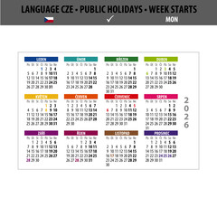 Czech Calendar 2026 with public holidays, week starts on Monday	
