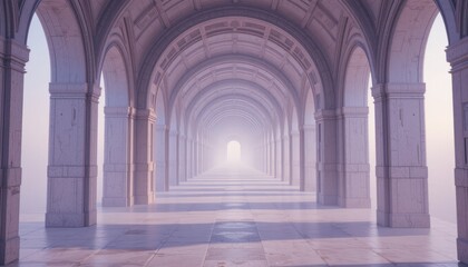 Long Stone Hallway With Vaulted Archways And Soft Lighting