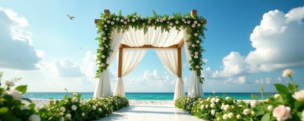 Ornate chuppah adorned with tallit and greenery under open sky, symbolic, tallit, leaves