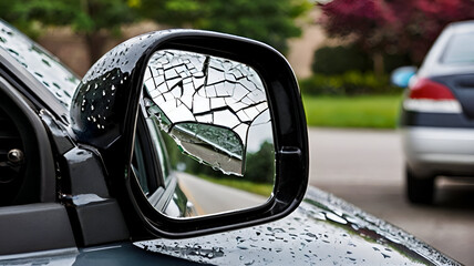 Broken side mirror on a car, symbolizing auto insurance claims for damage