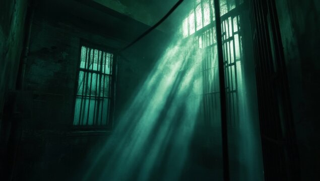 Sunlight streams through barred windows of a dark, damp cell