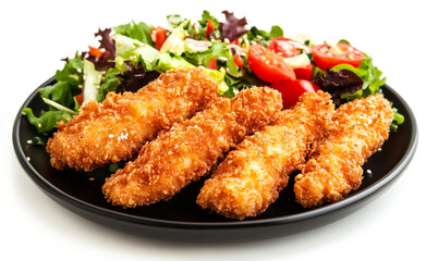 Fototapeta premium Crispy Chicken Tenders on Fresh Garden Salad – Healthy and Tasty Meal Option