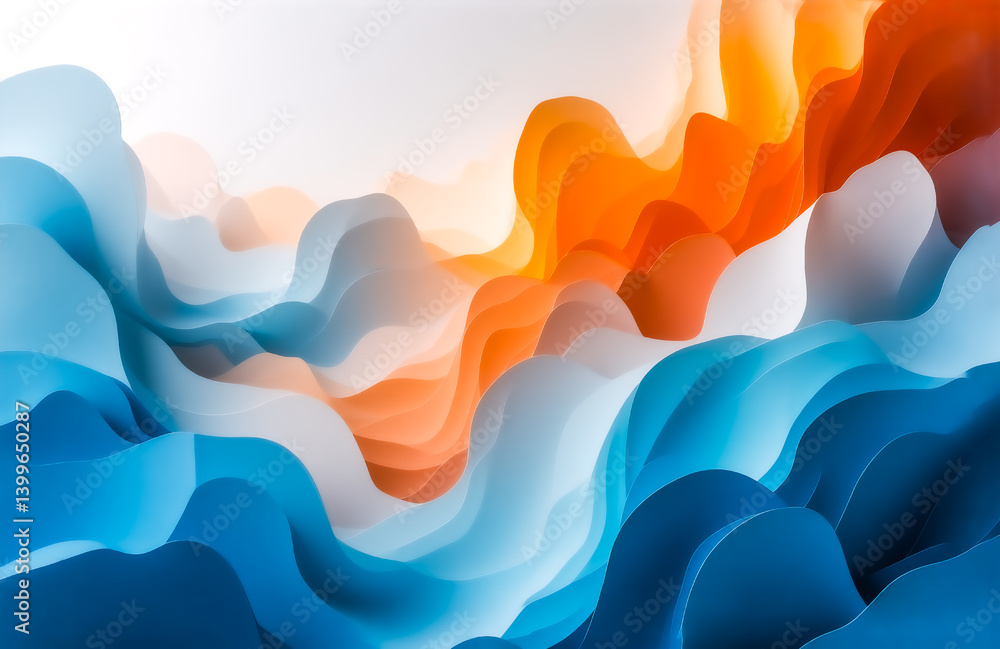 Poster abstract digital artwork featuring vibrant, layered waves of blue and orange hues. the colors blend 