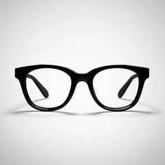 Fototapeta premium Black glasses, front view, casting shadow on white background for vision or fashion