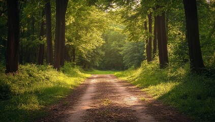 Sunlight filters through a tranquil forest path. Lush greenery surrounds a dirt road, bathed in golden light