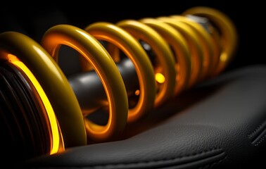 Close Up of Yellow Car Shock Absorber on Dark Background
