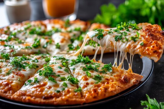 Deliciosa pizza italiana con mozzarella, hierbas frescas y corte perfecto servida en una mesa elegante