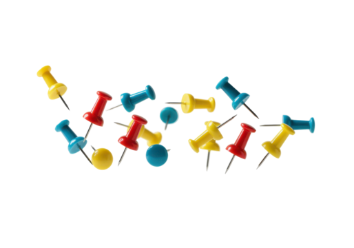 A horizontally floating push pin cluster on solid white background
