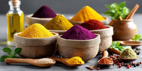 Mercado de especias con colores vibrantes y aromas intensos en un puesto tradicional