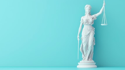 Justice Statue Symbolizing Fairness, Equality and Legal Principles in Turquoise Background