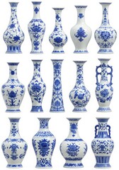 Blue and white traditional porcelain vases arranged symmetrically in a clean product catalog style
