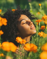 Naklejka premium Frau liegt in einem Feld voller orangefarbener Blumen