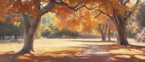 Autumn park trees, sunlit field, background woods