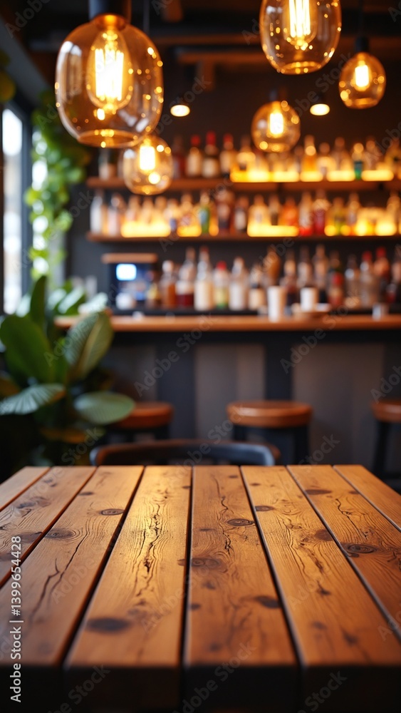 Aufkleber Rustic wooden table with blurred bar scene hanging lights and greenery create a warm inviting ambiance