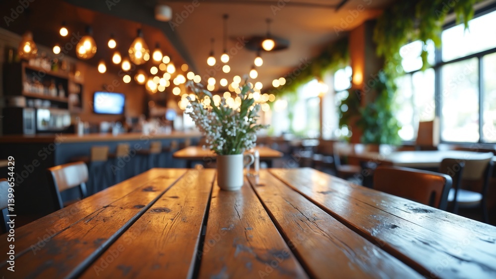 Poster Rustic wooden table with blurred bar scene hanging lights and greenery create a warm inviting ambiance