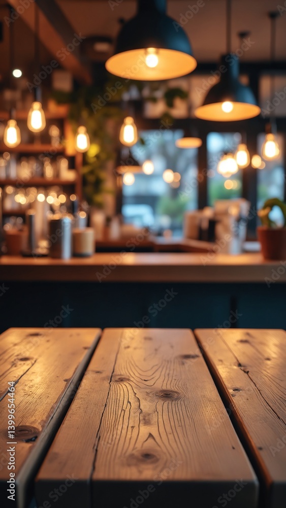 Poster Rustic wooden table with blurred bar scene hanging lights and greenery create a warm inviting ambiance