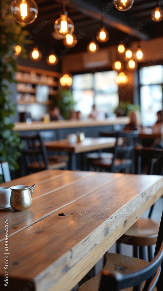 Poster Rustic wooden table with blurred bar scene hanging lights and greenery create a warm inviting ambiance