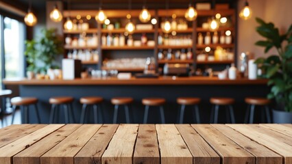 Rustic wooden table with blurred bar scene hanging lights and greenery create a warm inviting ambiance