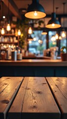 Rustic wooden table with blurred bar scene hanging lights and greenery create a warm inviting ambiance
