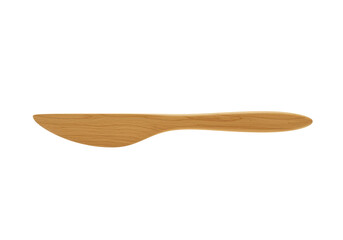 A horizontally floating wooden butter knife on solid white background