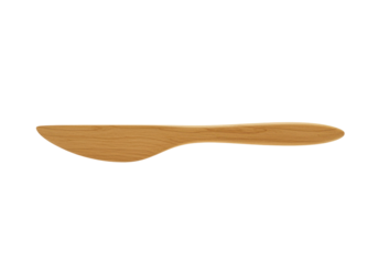 A horizontally floating wooden butter knife on solid white background