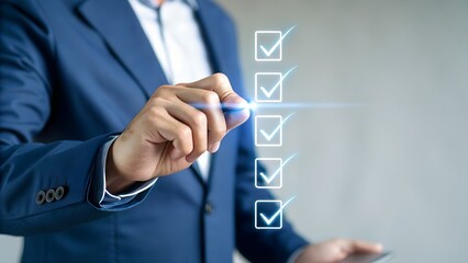 Quality Assurance and Document Control with Checklist Icons. Businessman mark off items on digital checklist, representing quality assurance and document control processes, verification and compliance