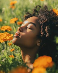 Frau mit Afro blickt verträumt zwischen Blumen