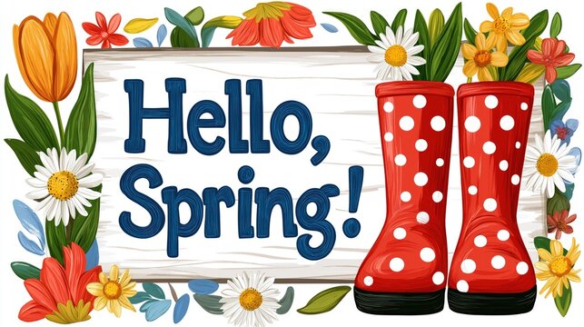 Pair red polka dot rain boots near wooden sign hello, spring, surrounded by flowers 