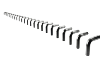 A horizontally floating Allen key wrench set on solid white background