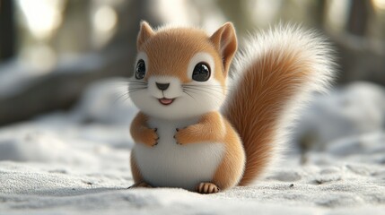 Cute 3D squirrel in snowy forest scene