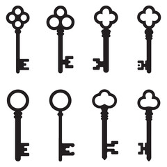 Antique key Vector Black silhouettes. Medieval and modern keys, vintage shapes set. Open door symbols, privacy and escape. Abstract tidy elements. with white background